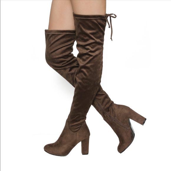 Tan Tie Back Over The Knee Stretchy Boots - Picture 3 of 5